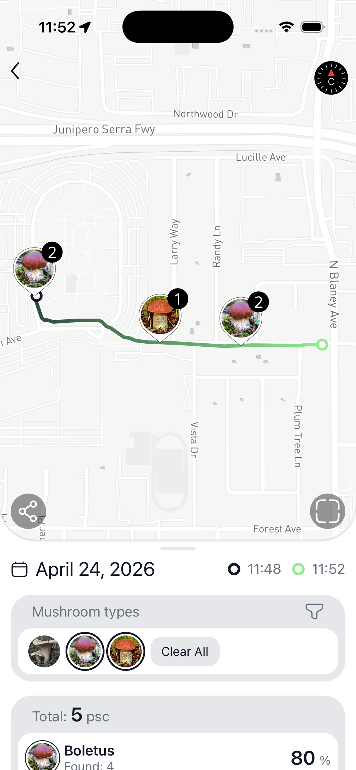 Finished hunt detail with pins and species breakdown